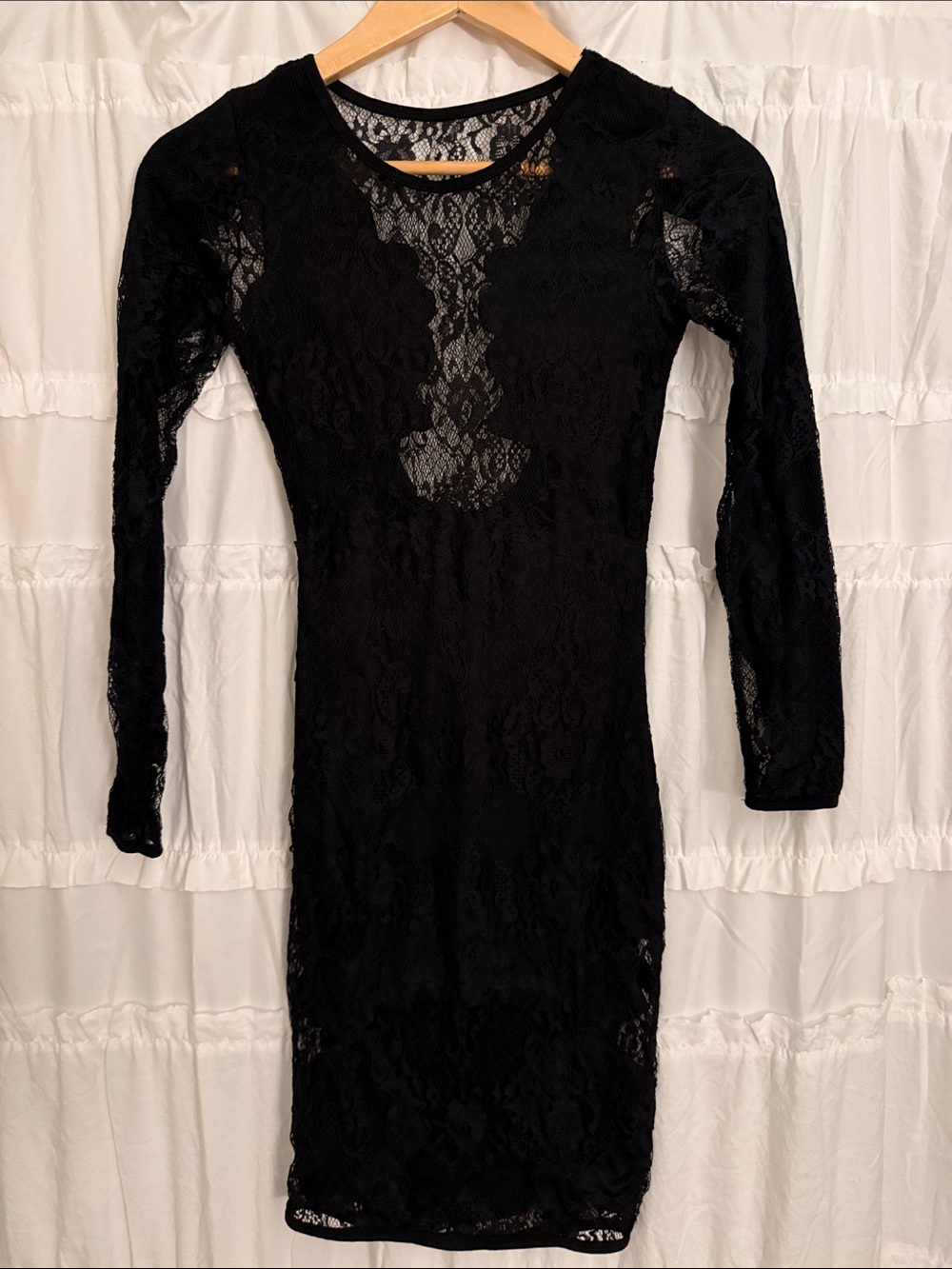 Black Lace Long-Sleeve Sheer Panel Midi Dress